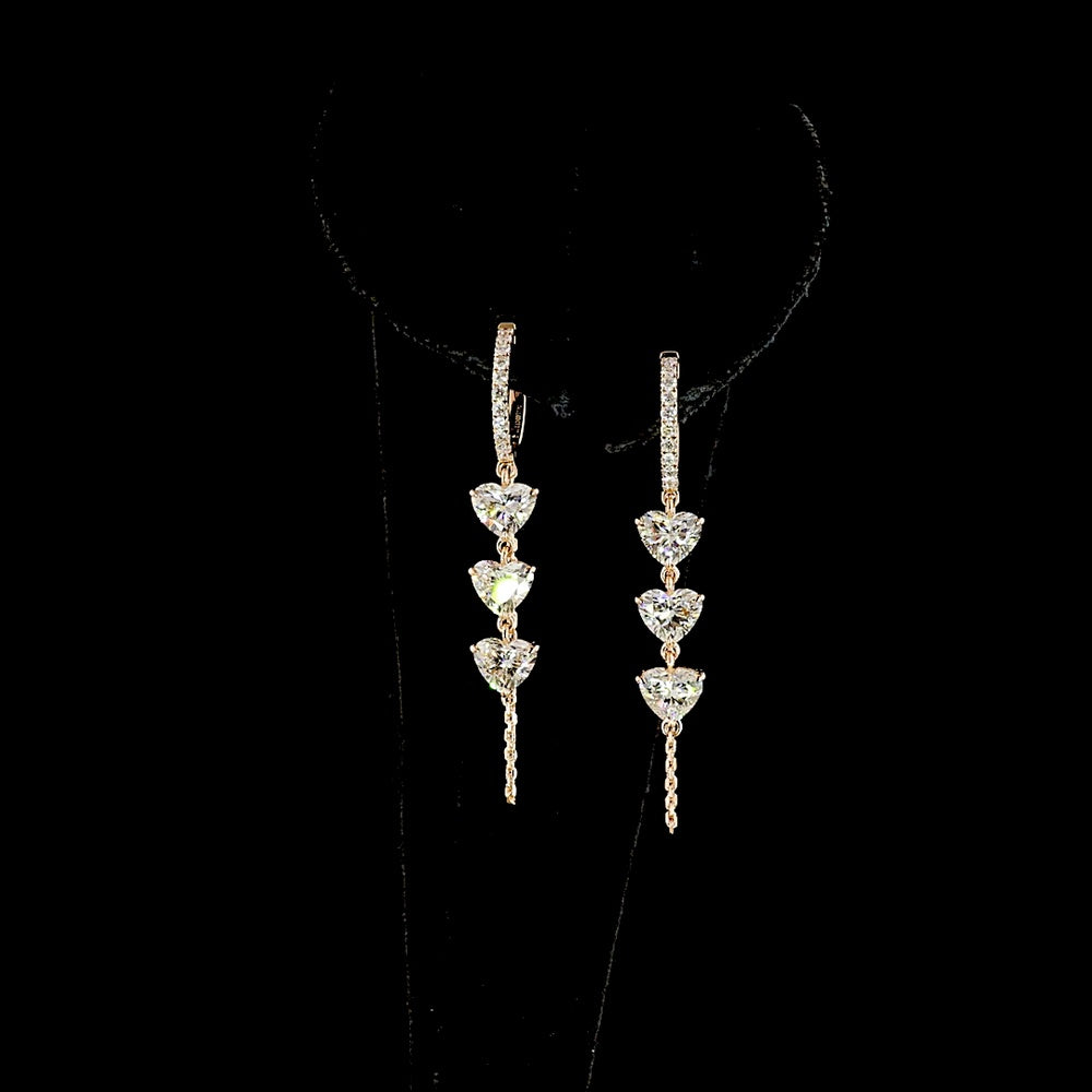 14K Rose Gold Heart Shape Hanging Earrings with Prong Set Lab Diamonds - 3.22 Carat Total Diamond Weight - Covaloro Fine Jewelry