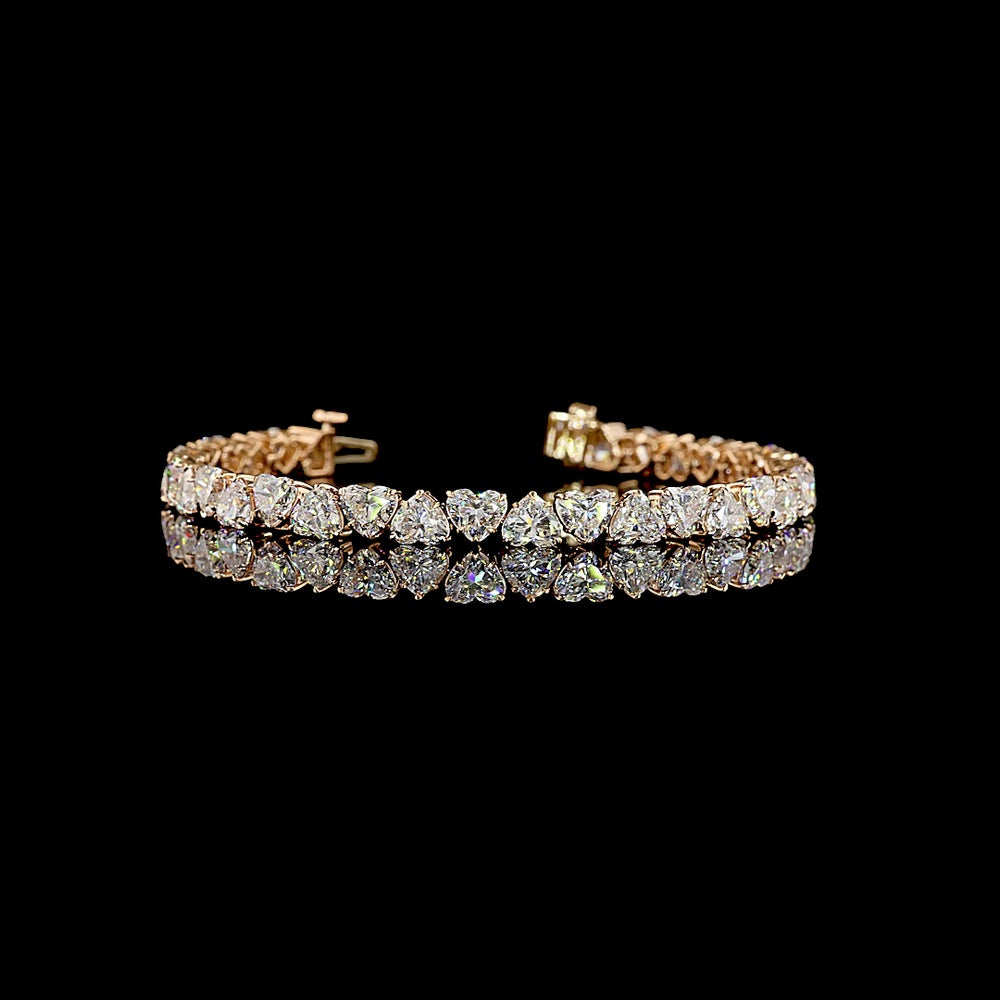 14K Rose Gold Heart Shape Tennis Bracelet with 34 Prong-Set Lab Grown Diamonds - 16.16 Carat Total Weight, E-F Color VS1 Clarity - Covaloro Fine Jewelry