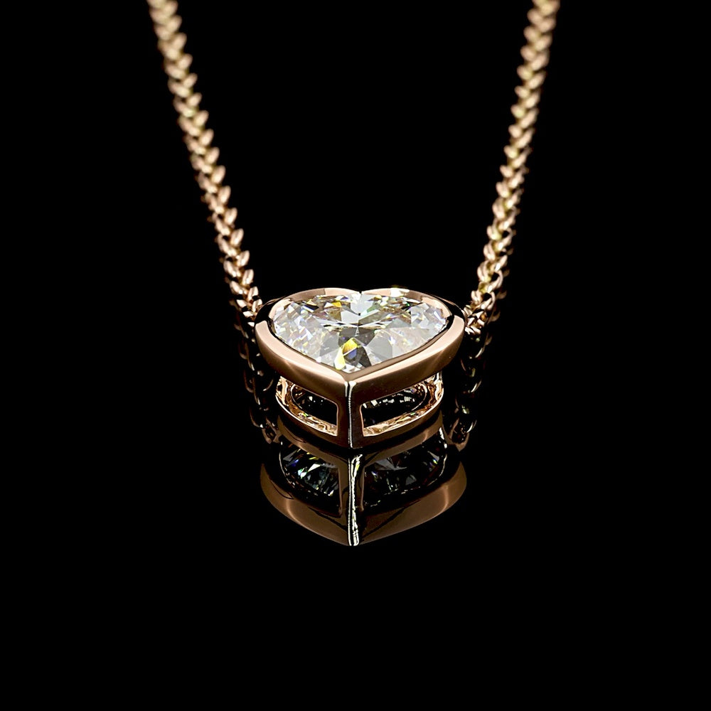14K Rose Gold Heart Shaped Lab Grown Diamond Solitaire Pendant - 1.57 Carat Total Weight, E-F Color, VVS2 Clarity, Bezel Setting - Covaloro Fine Jewelry