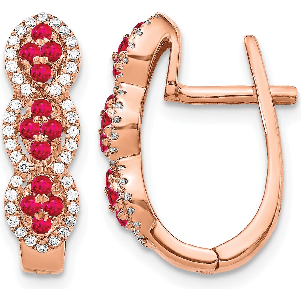 14K Rose Gold Hinged Huggie Earrings with Round Rubies and Diamonds - 0.026 Carat Total Gem Weight by Monteluci Fine Jewelry