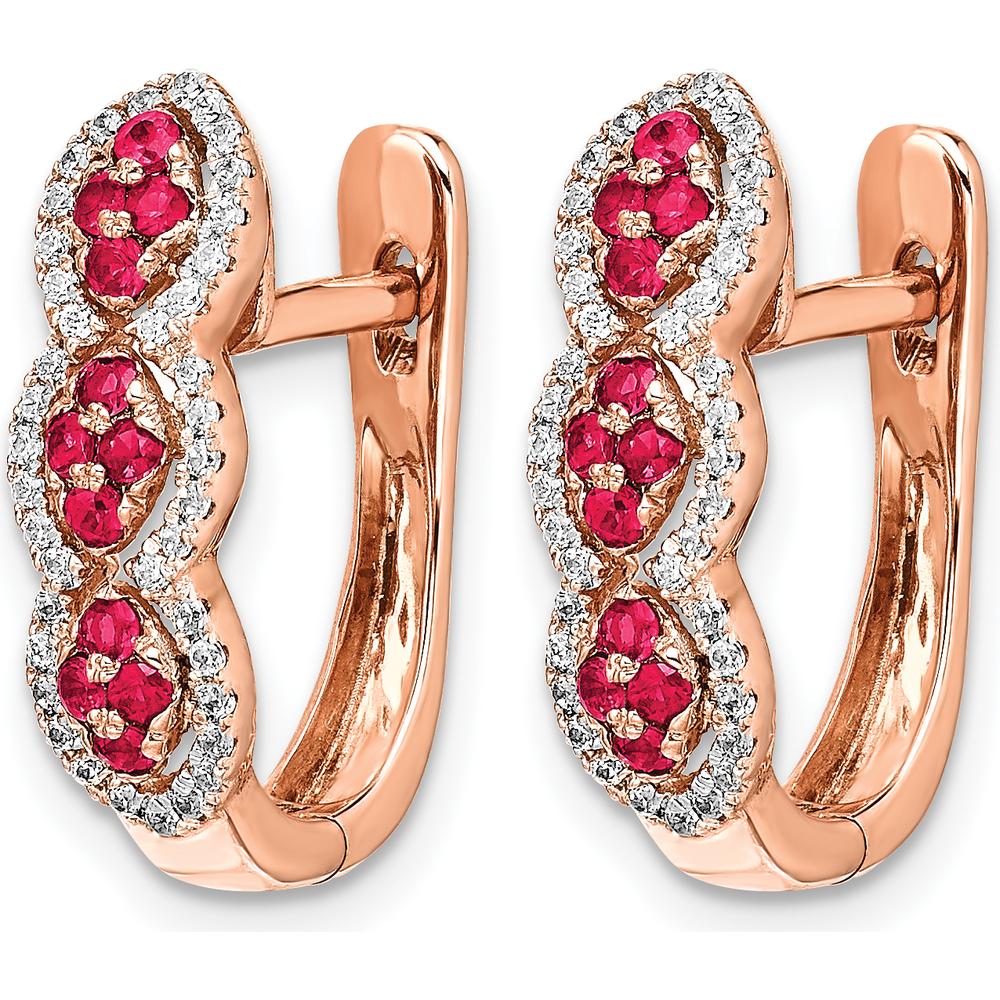 14K Rose Gold Hinged Huggie Earrings with Round Rubies and Diamonds - 0.026 Carat Total Gem Weight by Monteluci Fine Jewelry