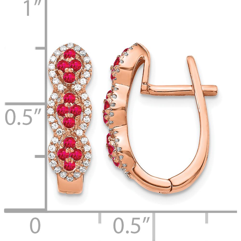14K Rose Gold Hinged Huggie Earrings with Round Rubies and Diamonds - 0.026 Carat Total Gem Weight by Monteluci Fine Jewelry