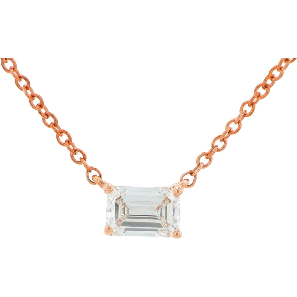 14K Rose Gold Horizontal Pendant Necklace with Prong-Set Emerald Cut Lab Grown Diamond - 0.33 Carat Total Diamond Weight
