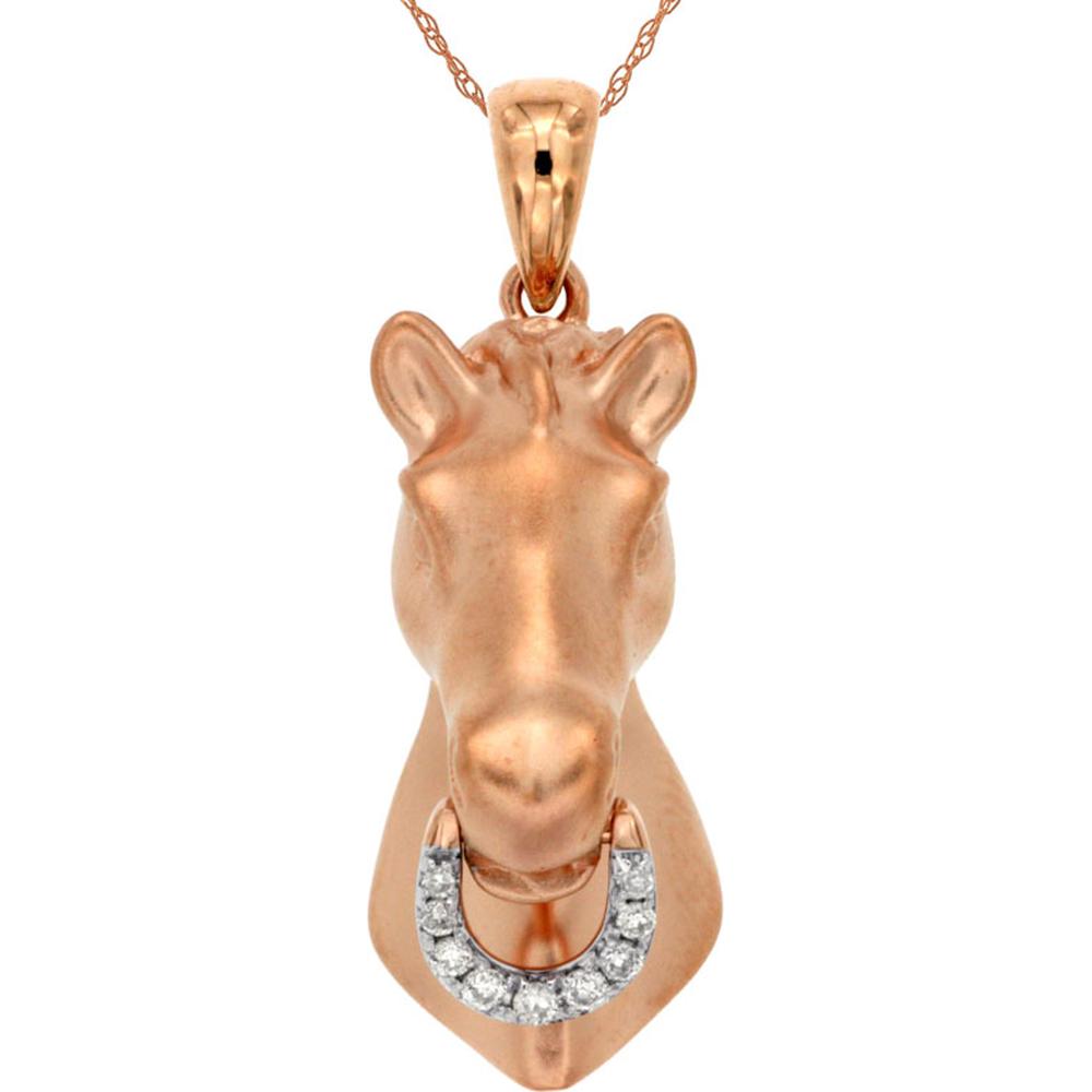 14K Rose Gold Horse Head Pendant with Round Diamond Horseshoe Accent - 0.05 Carat Total Diamond Weight - Royal Jewelry