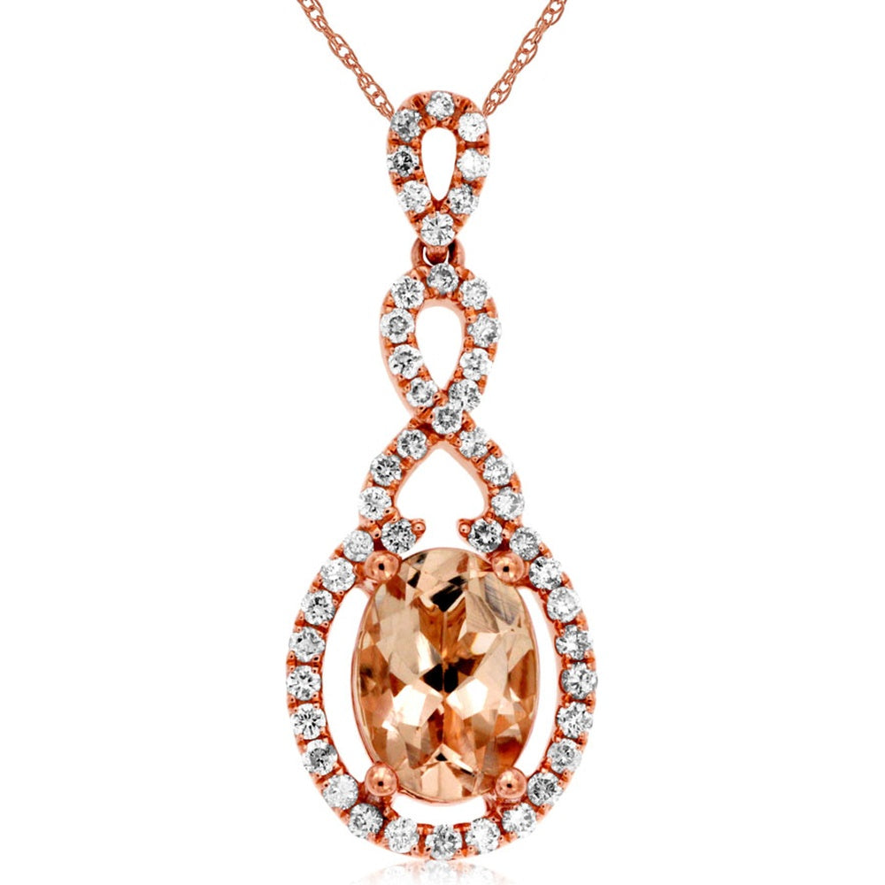 14K Rose Gold Infinity Halo Pendant with Oval Morganite and Round Diamonds - 1.00 Carat Morganite and 0.26 Carat Total Diamond Weight - Royal Jewelry