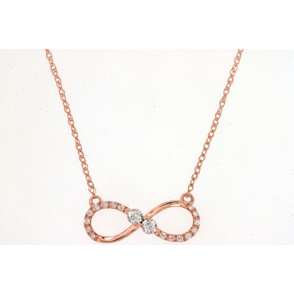 14K Rose Gold Infinity Pendant Necklace with Prong-Set Round Brilliant Cut Diamonds - 0.10 Carat Total Diamond Weight - Royal Jewelry