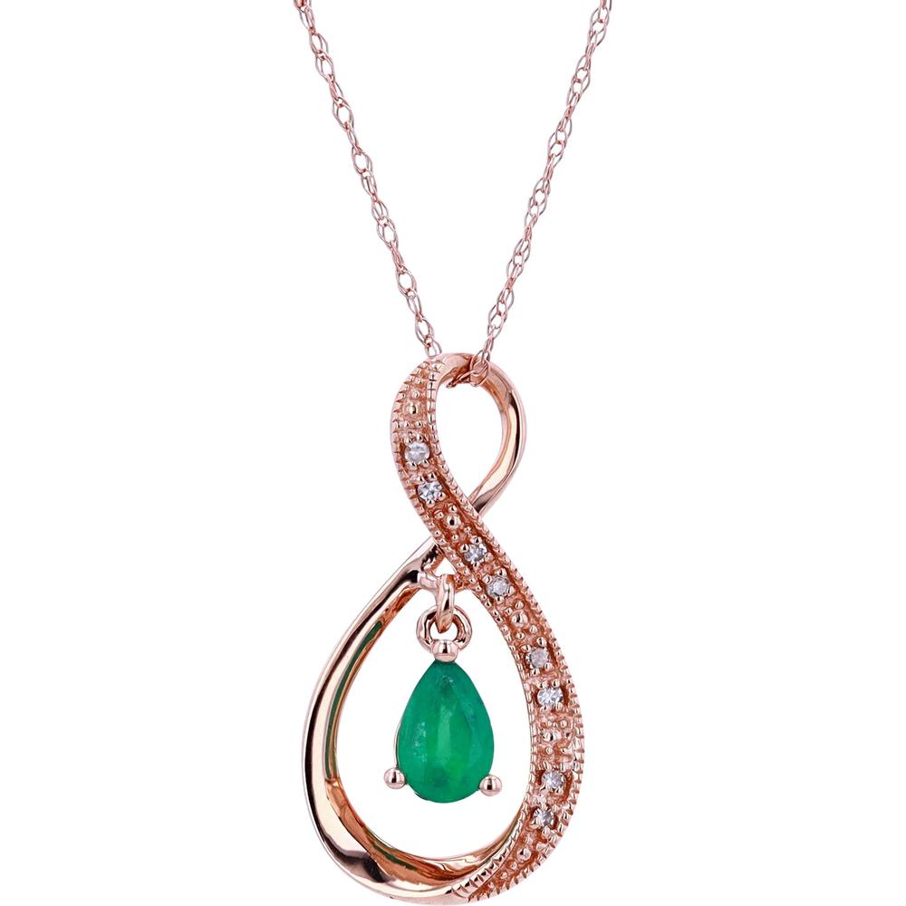 14K Rose Gold Infinity Pendant with Pear-Shaped Emerald and Diamond Accents - 0.03 Carats Total Diamond Weight