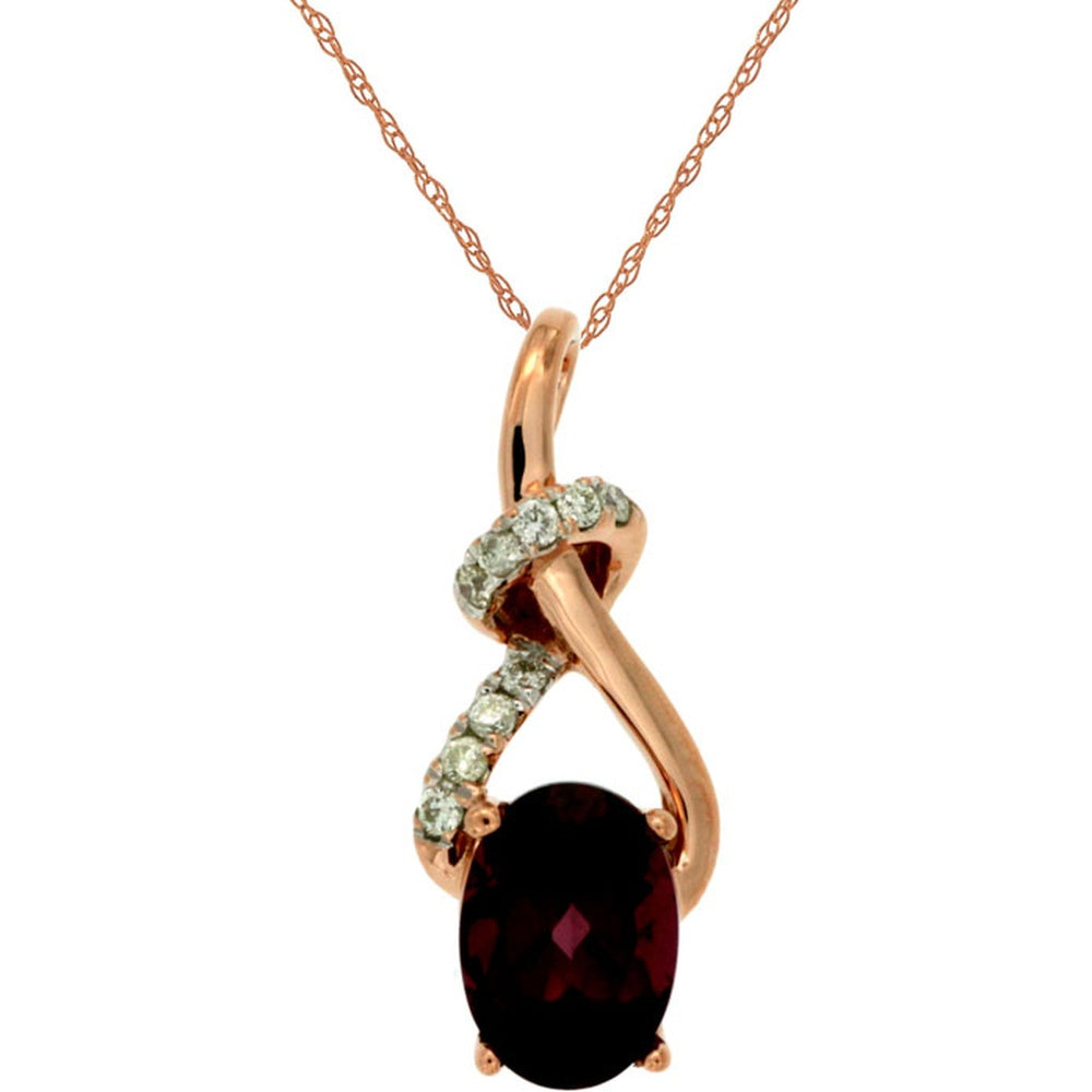 14K Rose Gold Infinity Pendant with Prong-Set Oval Rhodolite and Pavé Diamond Accents - 1.00 Carat Rhodolite and 0.06 Carat Total Diamond Weight - Royal Jewelry