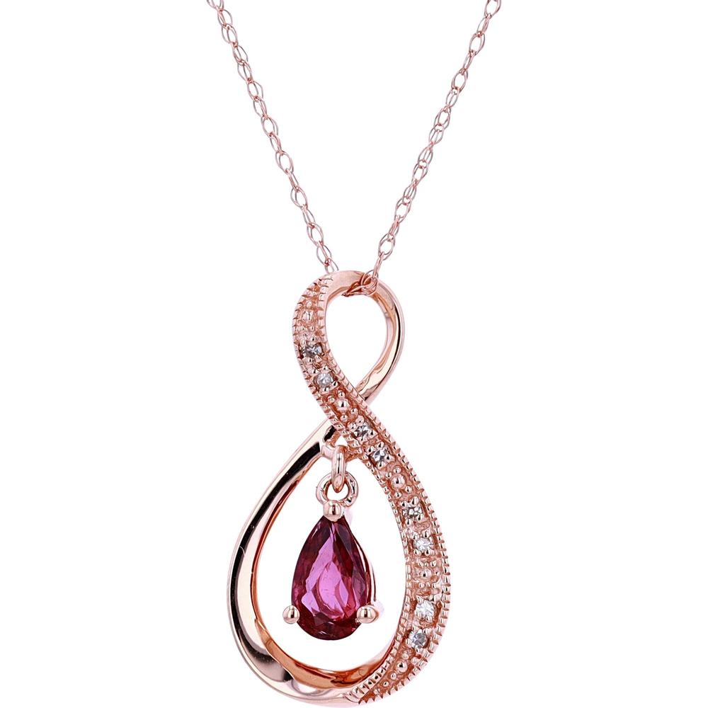 14K Rose Gold Infinity Pendant with Teardrop Ruby and Diamond Accents - 0.03 Carats Total Diamond Weight