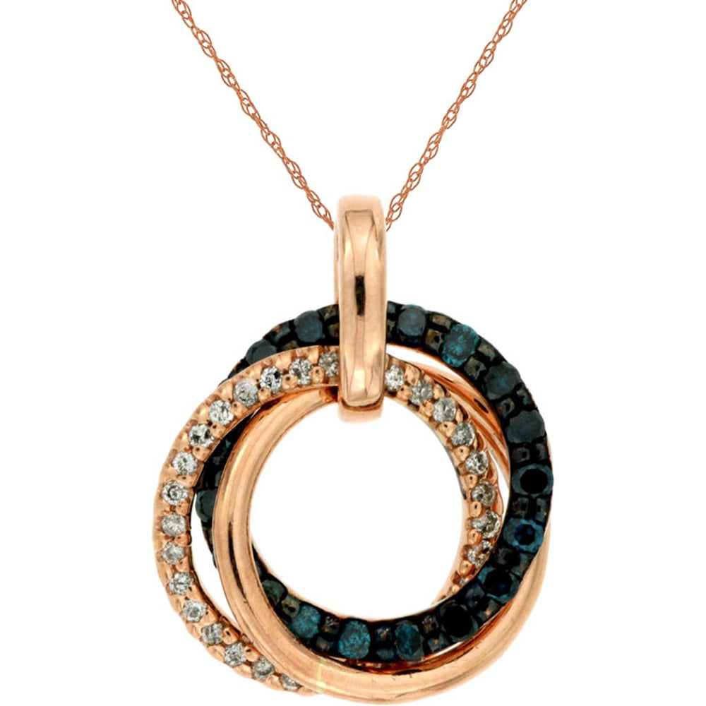 14K Rose Gold Interlocking Circle Pendant with Prong-Set Round White and Blue Diamonds - 0.50 Carat Total Diamond Weight - Royal Jewelry
