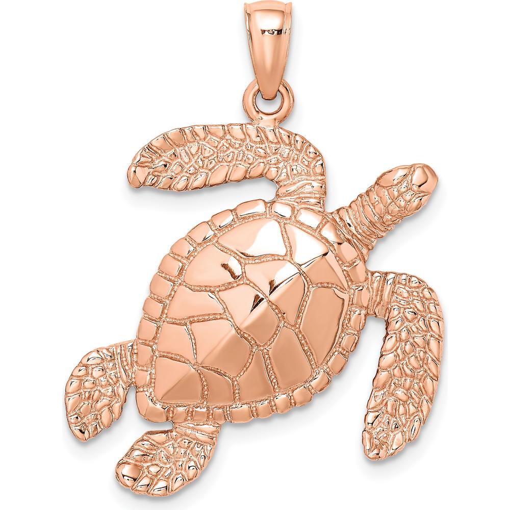 14K Rose Gold Large Textured Swimming Sea Turtle Charm - Polished Finish by Oro Pregiato