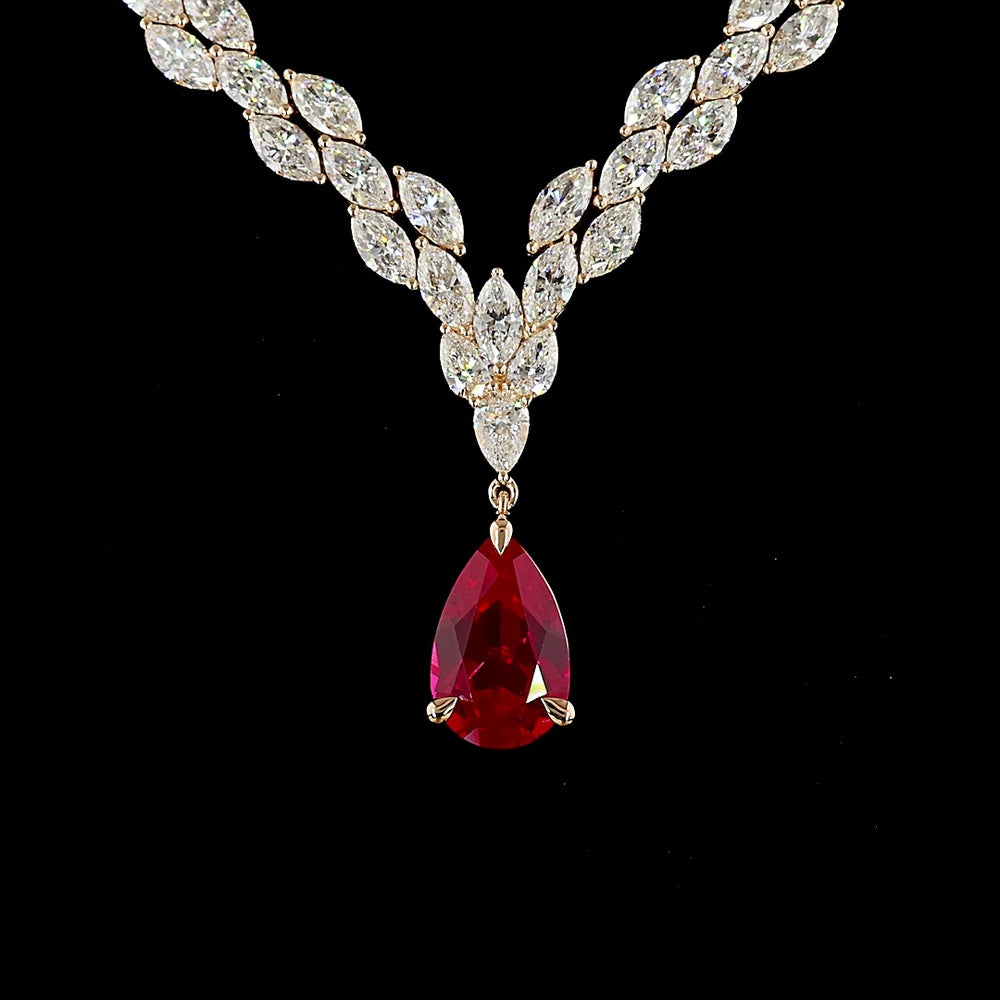 14K Rose Gold Lariat Necklace with 4.92 Carat Pear Shape Red Ruby and 27.18 Carat Marquise Cut Lab Gemstones - 32.63 Total Carat Weight - Covaloro Fine Jewelry