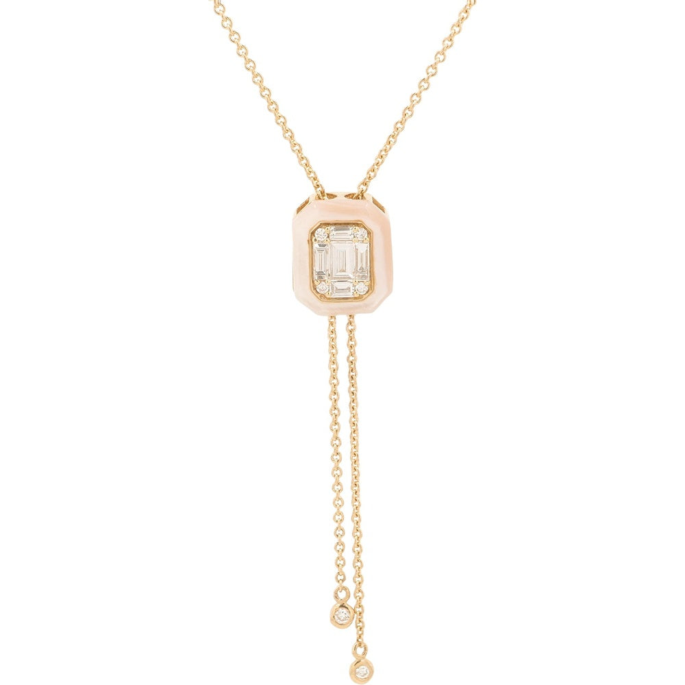 14K Rose Gold Lariat Necklace with Geometric Mother of Pearl Pendant and Bezel-Set Diamond Accents - 0.25 Carat Total Diamond Weight