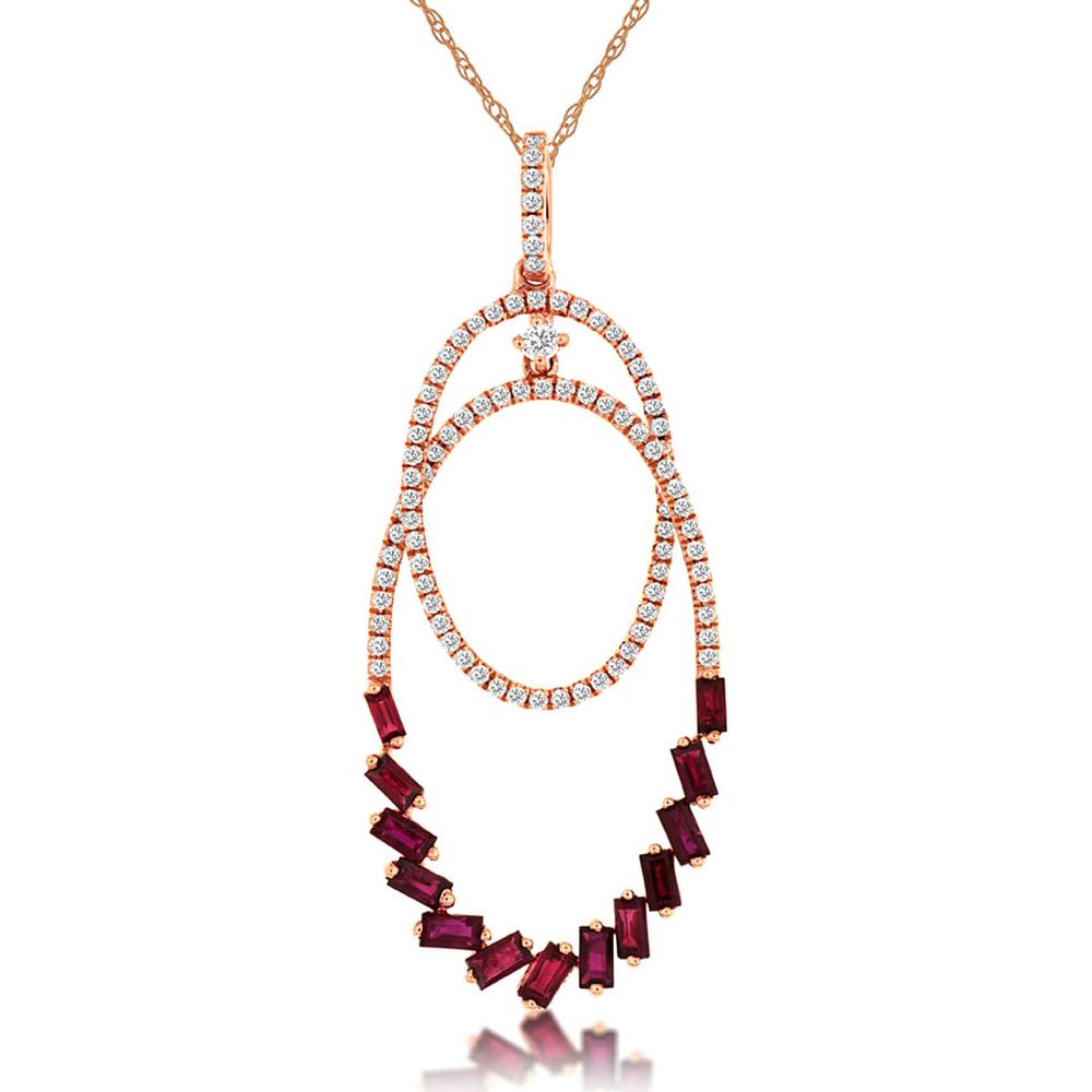 14K Rose Gold Layered Oval Pendant with Round Diamonds and Baguette Cut Rubies - 0.28 Carat Diamond & 0.76 Carat Ruby Total Weight - Royal Jewelry