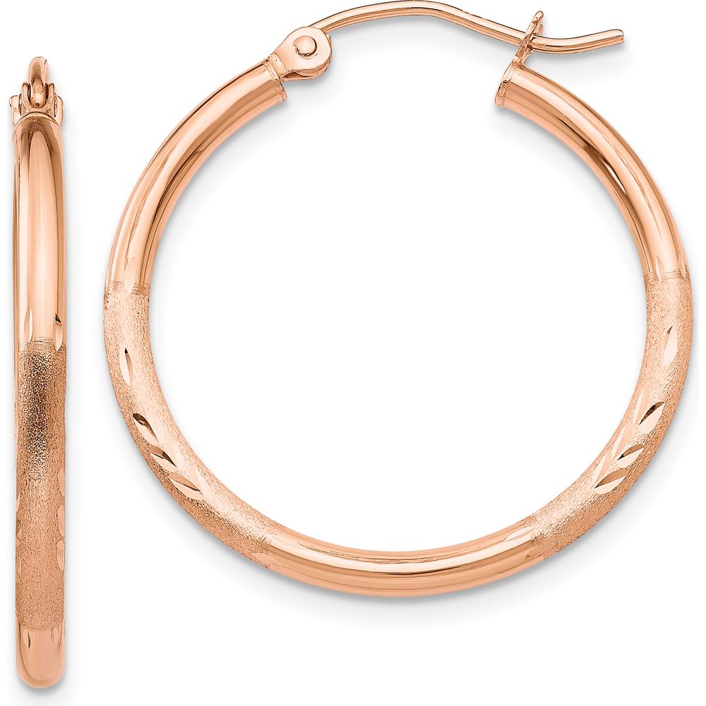 14K Rose Gold Lightweight Satin Diamond Cut Hoop Earrings - 25mm Diameter by 0