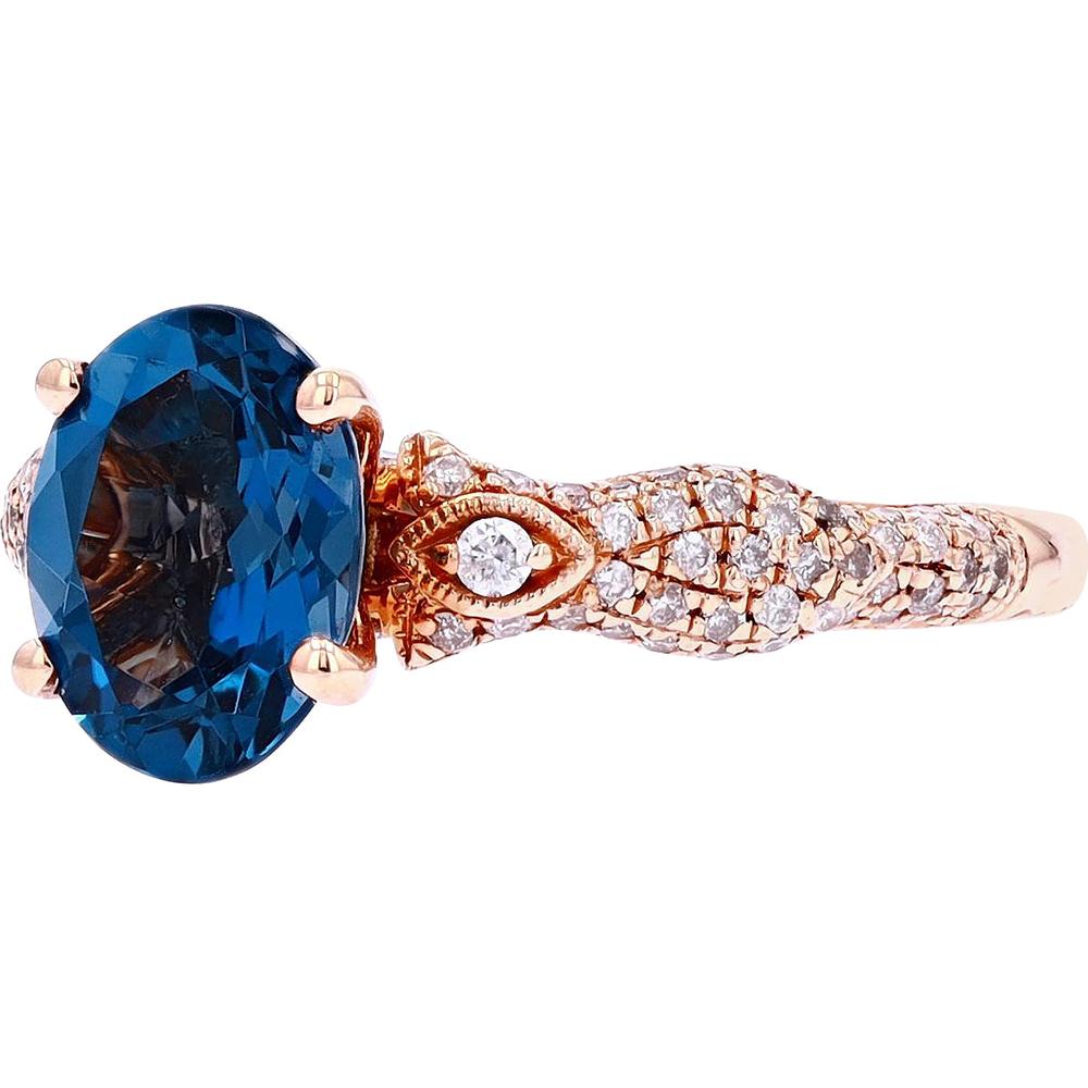 14K Rose Gold London Blue Topaz Ring with Diamond Accents - 2 3/8 Carat London Blue Topaz and 1/2 Carat Total Diamond Weight