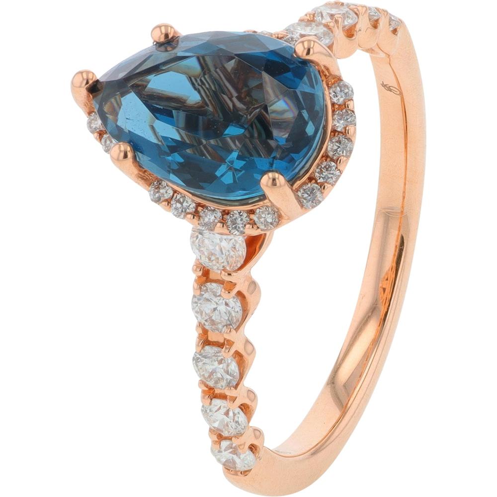 14K Rose Gold London Blue Topaz Ring with Diamond Halo - 2.15 Carats Topaz, 0.60 Carats Diamond Total Weight