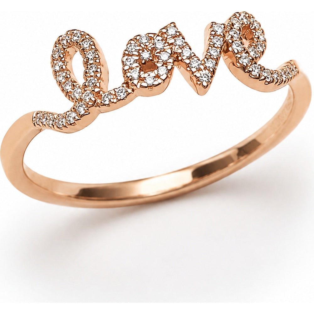14K Rose Gold "Love" Script Fashion Ring with Pave Set Round Diamonds - 0.12 Carat Total Diamond Weight by Auriventus