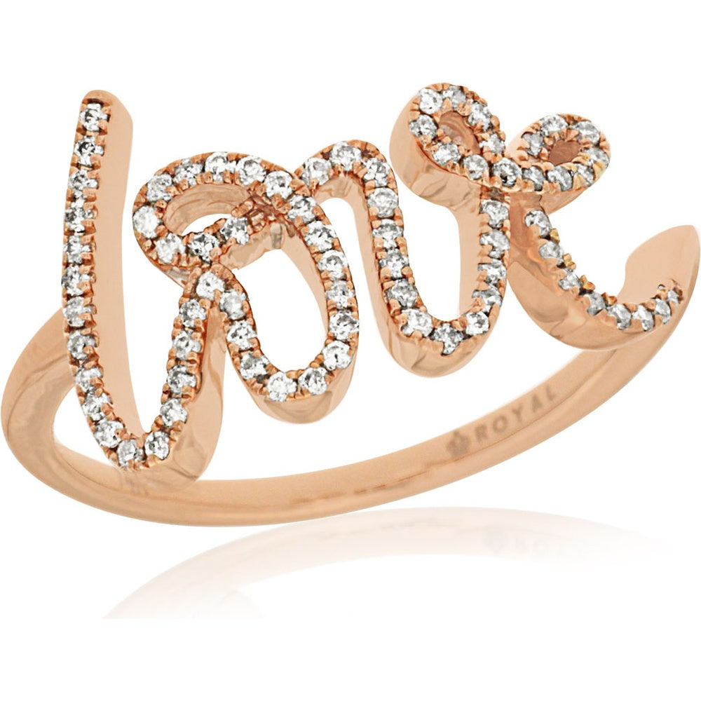 14K Rose Gold Love Script Ring with Prong-Set Round Diamonds - 0.22 Carat Total Diamond Weight - Royal Jewelry