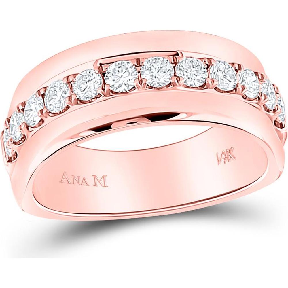 14K Rose Gold Machine Set Round Diamond Wedding Band Ring with 1 Carat Total Diamond Weight