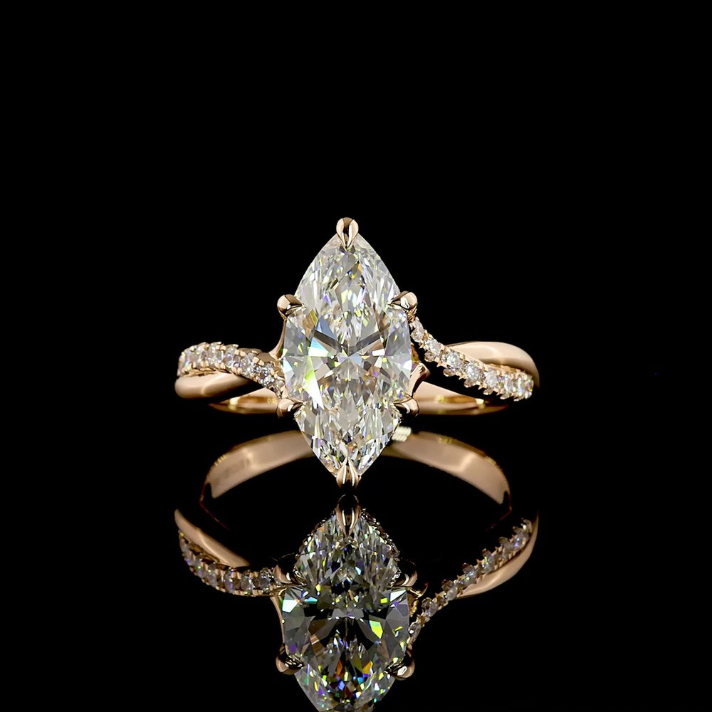 14K Rose Gold Marquise Cut Hidden Halo Ring with Twisted Pave Diamond Shank - 2.41 Carat Total Weight Lab Diamond (E VVS2 Center) - Covaloro Fine Jewelry