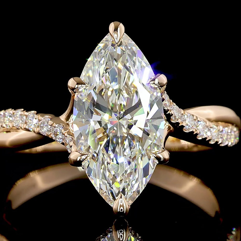 14K Rose Gold Marquise Cut Hidden Halo Ring with Twisted Pave Diamond Shank - 2.41 Carat Total Weight Lab Diamond (E VVS2 Center) - Covaloro Fine Jewelry
