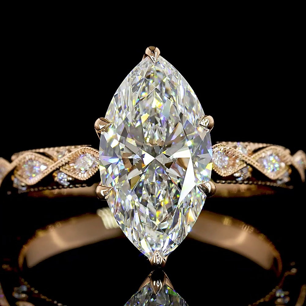 14K Rose Gold Marquise Cut Lab Diamond Twisted Shank Ring with Accent Marquise and Round Diamonds - 2.25 Carat Total Weight - Covaloro Fine Jewelry