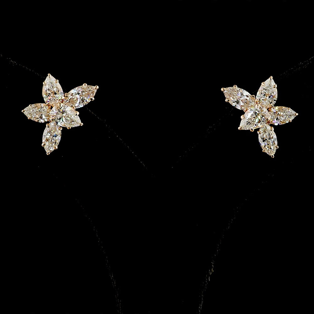 14K Rose Gold Marquise Flower Stud Earrings with Pear and Marquise Cut Lab Diamonds - 4.34 Carats Total Diamond Weight - Covaloro Fine Jewelry