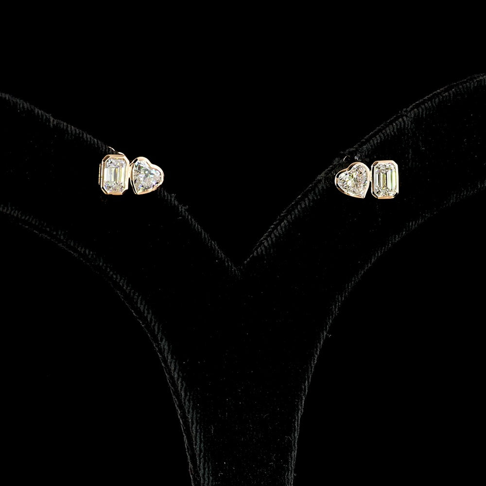 14K Rose Gold Mixed Shape Stud Earrings with Heart and Emerald Cut Lab Diamonds - 1.84 Carat Total Weight - Covaloro Fine Jewelry