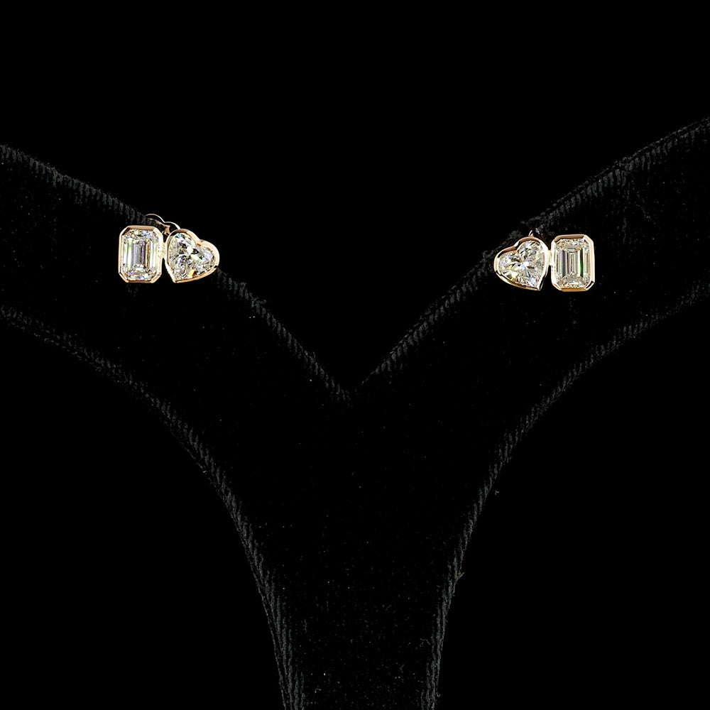 14K Rose Gold Mixed Shape Stud Earrings with Heart and Emerald Cut Lab Diamonds - 1.84 Carat Total Weight - Covaloro Fine Jewelry