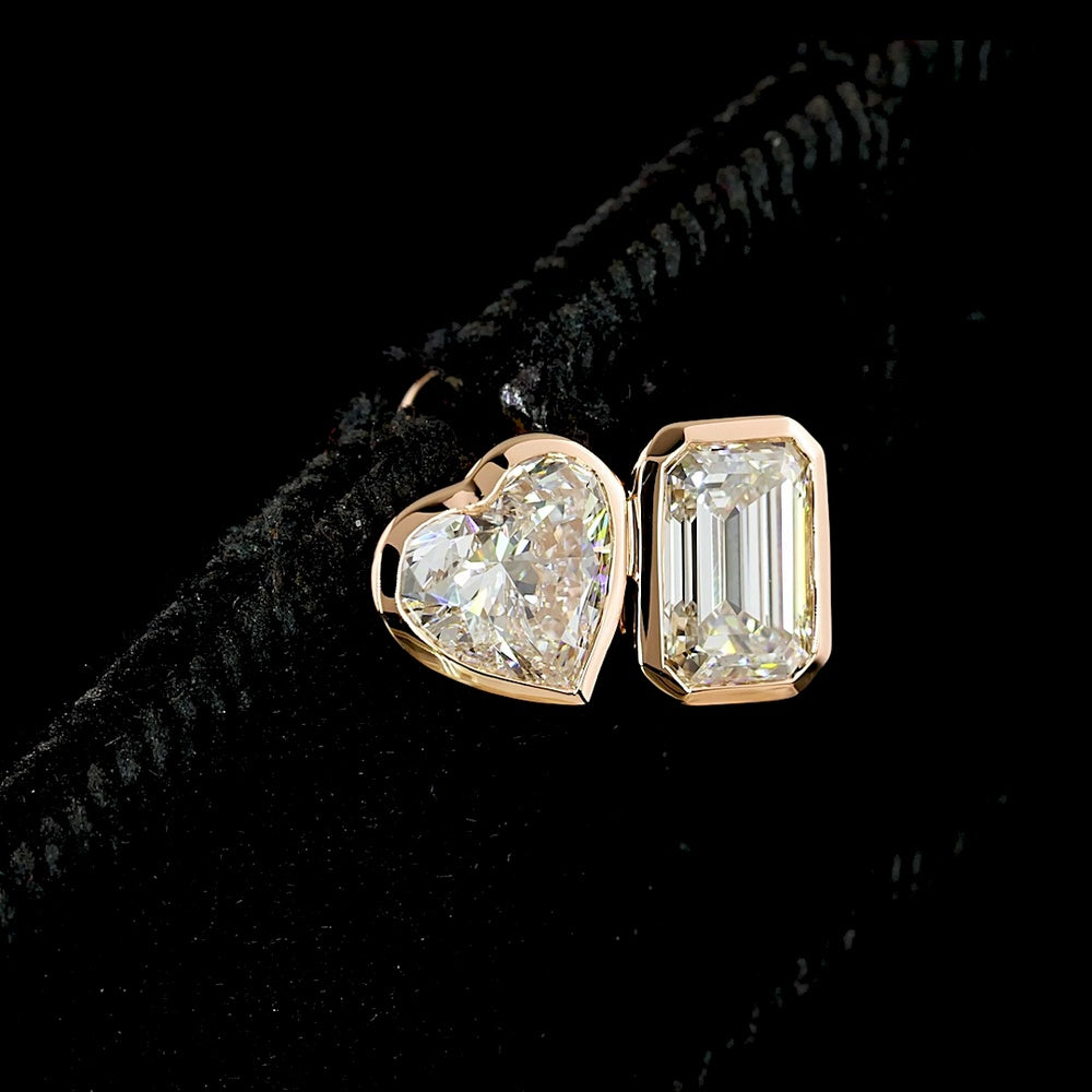 14K Rose Gold Mixed Shape Stud Earrings with Heart and Emerald Cut Lab Diamonds - 1.84 Carat Total Weight - Covaloro Fine Jewelry