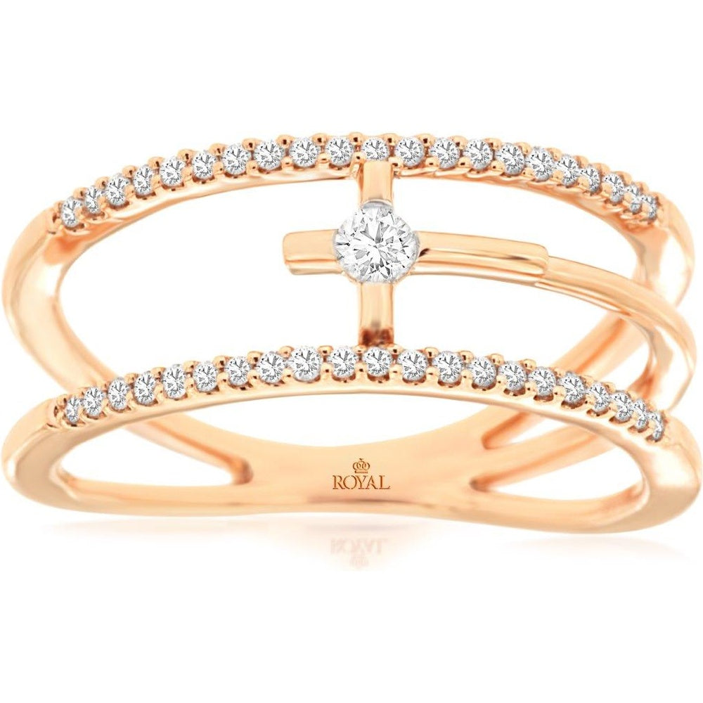 14K Rose Gold Modern Open-Shank Ring with Pavé-Set Round Diamonds and Solitaire Center - 0.20 Carat Total Diamond Weight - Royal Jewelry