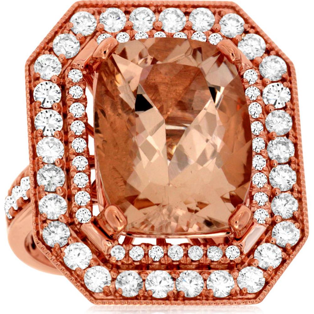 14K Rose Gold Morganite & Diamond Cushion Cut Halo Ring - 11.55 Carats Total Weight