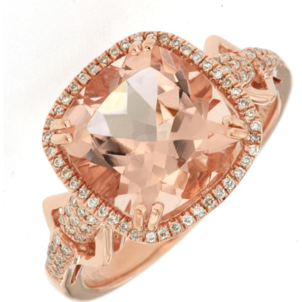 14K Rose Gold Morganite & Diamond Cushion Cut Halo Ring - 3.70 Carats Total Gem Weight