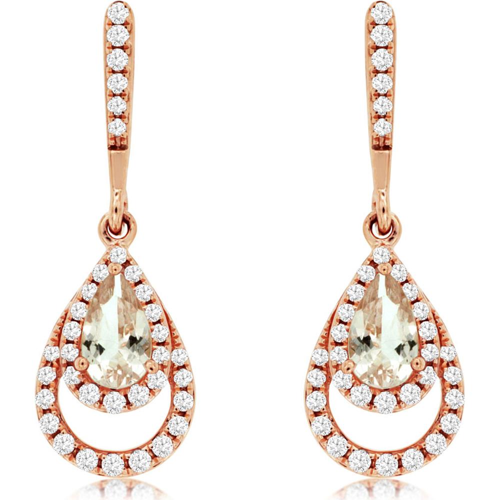 14K Rose Gold Morganite & Diamond Drop Earrings - 0.40 Carats Total Morganite Weight, 0.20 Carats Total Diamond Weight