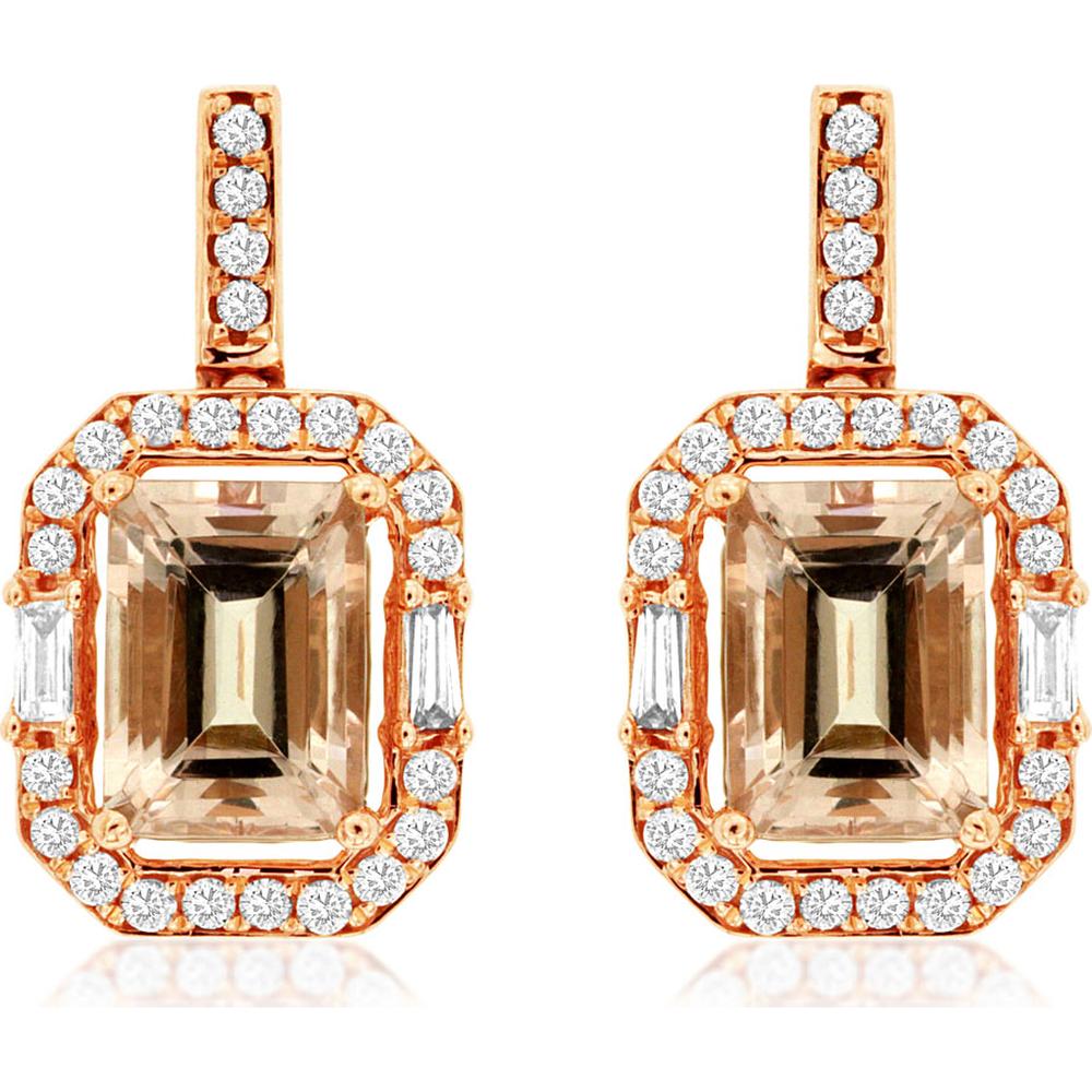 14K Rose Gold Morganite & Diamond Drop Earrings with Emerald Cut Morganite - 2.26 Carats Total Carat Weight