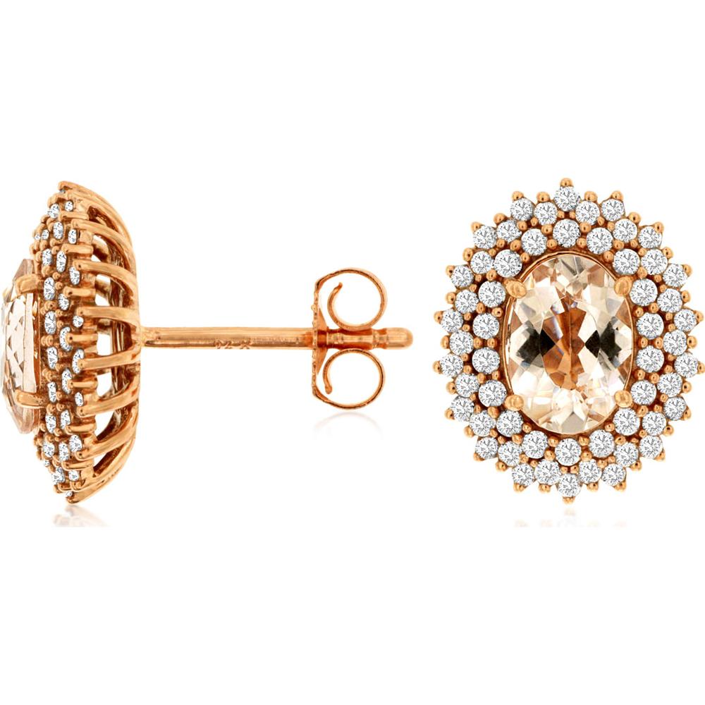 14K Rose Gold Morganite & Diamond Halo Earrings - 1.35 Carats Morganite, 0.50 Carats Total Diamond Weight