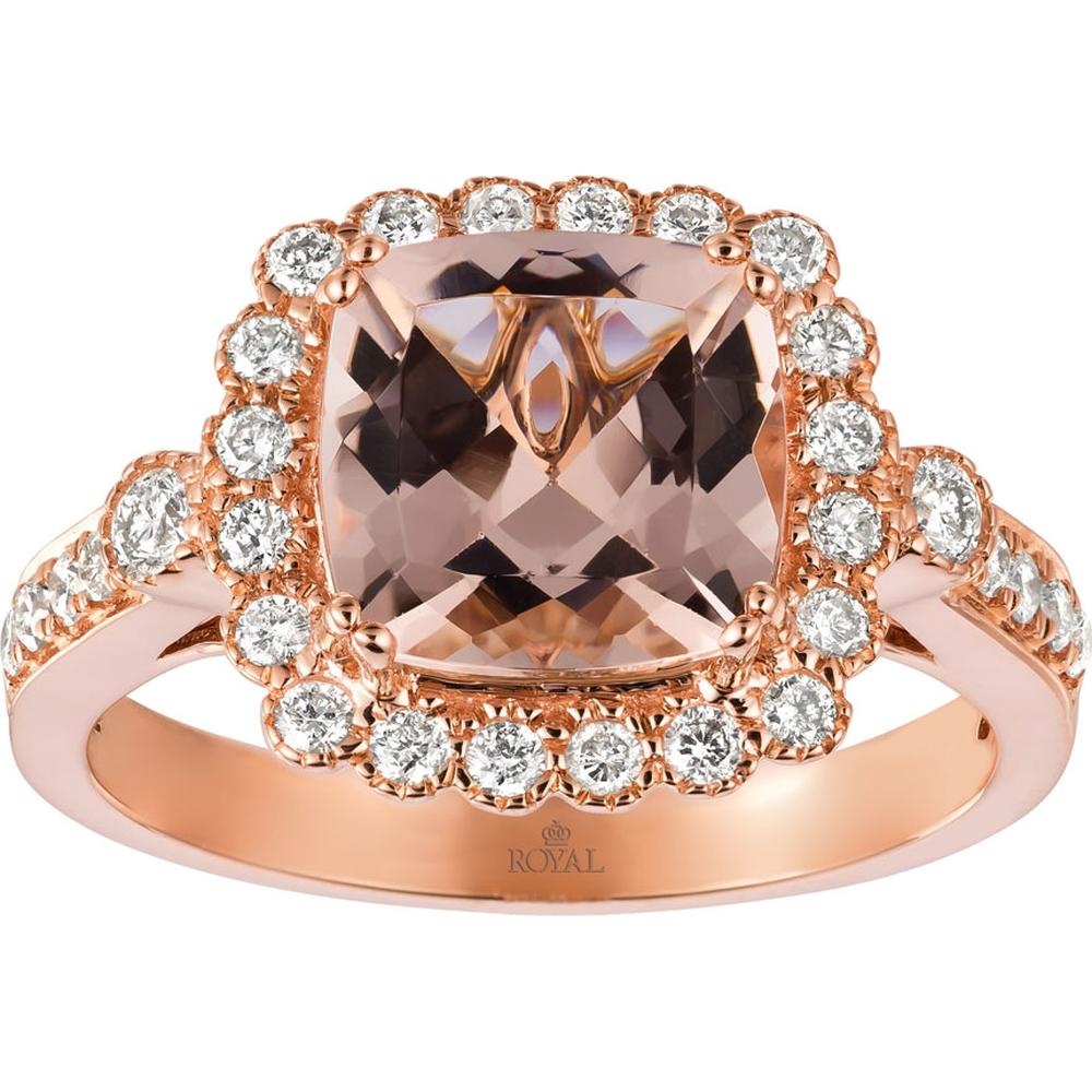 14K Rose Gold Morganite & Diamond Halo Ring - 2.60 Carats Morganite, 0.50 Carats Total Diamond Weight
