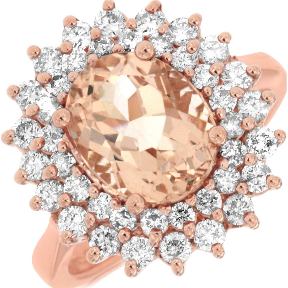 14K Rose Gold Morganite & Diamond Halo Ring - 2.60 Carats Morganite, 1.00 Carats Total Diamond Weight