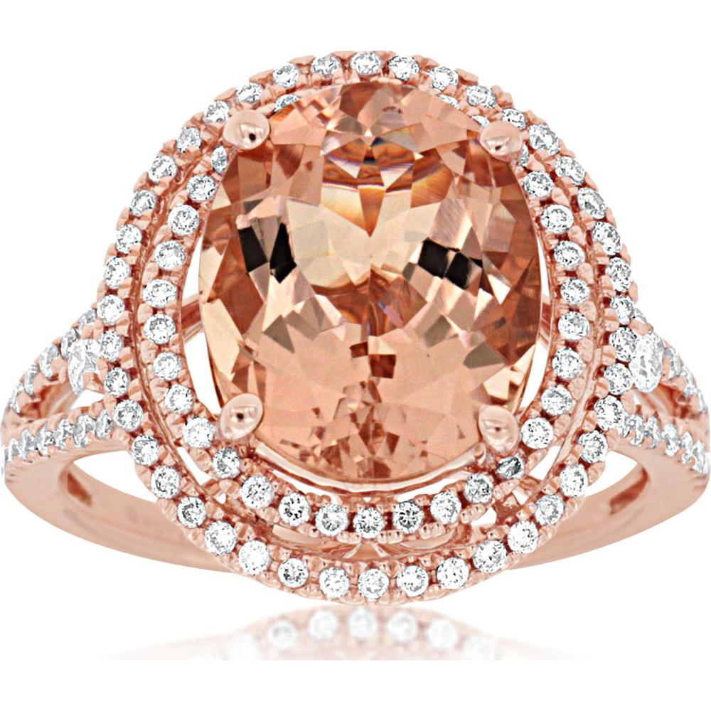 14K Rose Gold Morganite & Diamond Halo Ring - 4.54 Carats Total Gem Weight