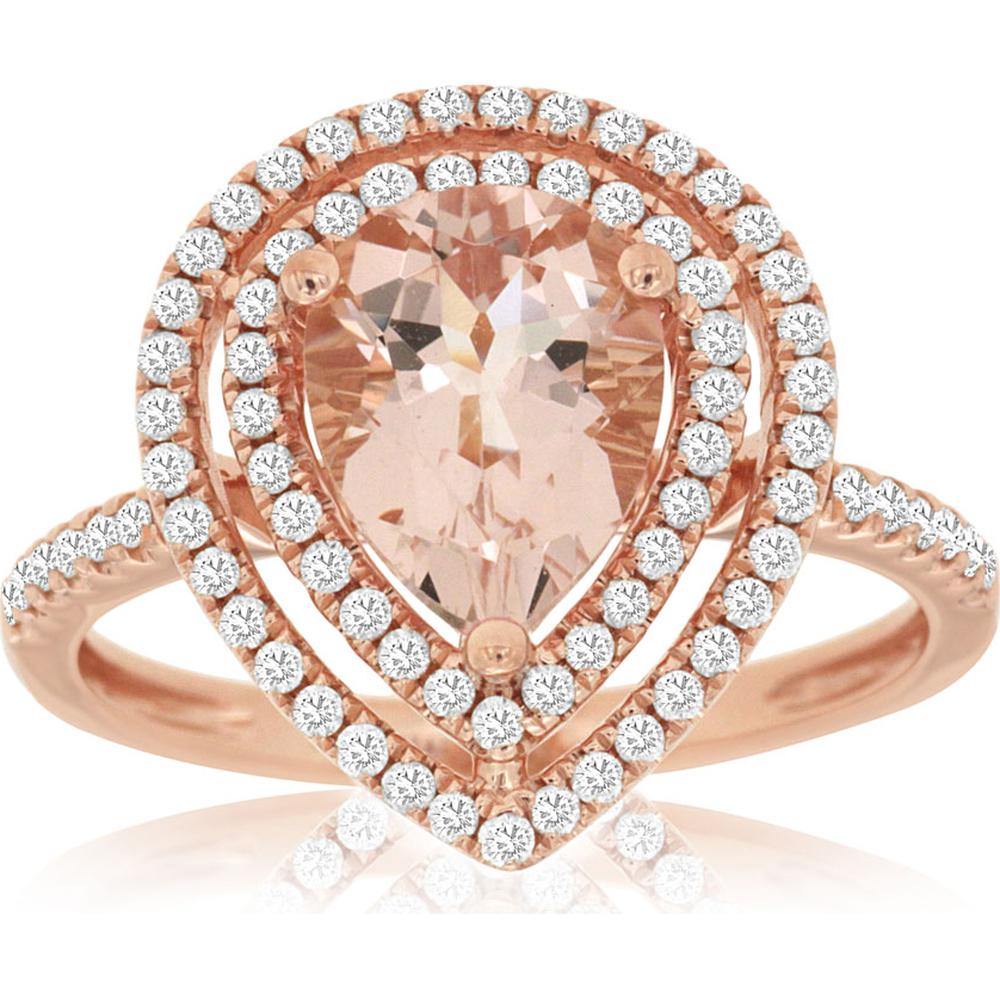 14K Rose Gold Morganite & Diamond Halo Ring with 1.20 Carats Pear-Shaped Morganite and 0.40 Carats Total Diamond Weight