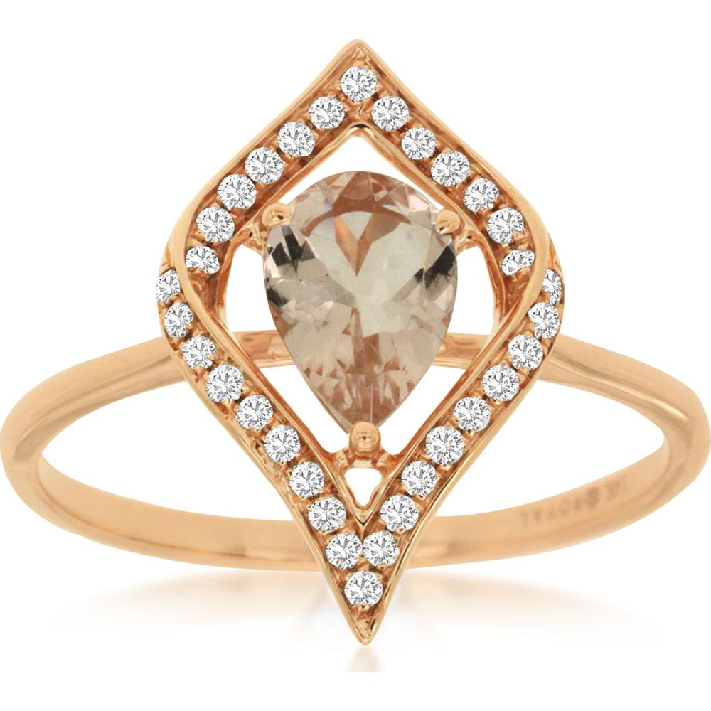 14K Rose Gold Morganite & Diamond Halo Ring with Pear-Shaped Morganite - 0.65 Carats Morganite, 0.14 Carats Diamond Total Weight