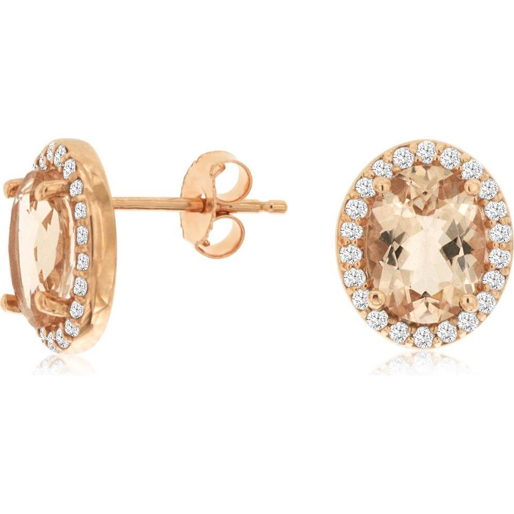 14K Rose Gold Morganite and Diamond Halo Stud Earrings with Oval Morganite Centers - 2.00 Carat Total Morganite Weight and 0.28 Carat Total Diamond Weight - Royal Jewelry
