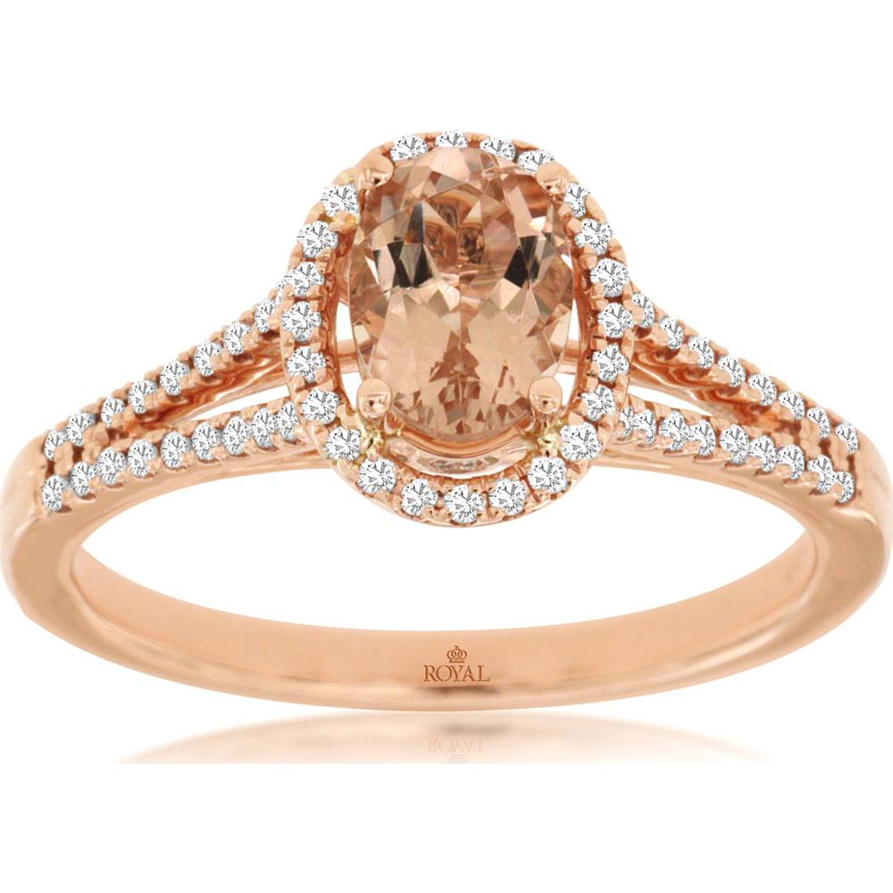 14K Rose Gold Morganite and Diamond Oval Halo Ring - 0.67 Carats Morganite, 0.20 Carats Diamond Total Weight