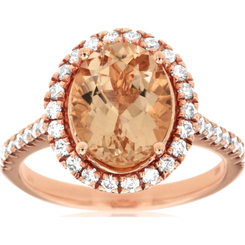 14K Rose Gold Morganite & Diamond Oval Halo Ring - 3.20 Carats Total Gemstone Weight