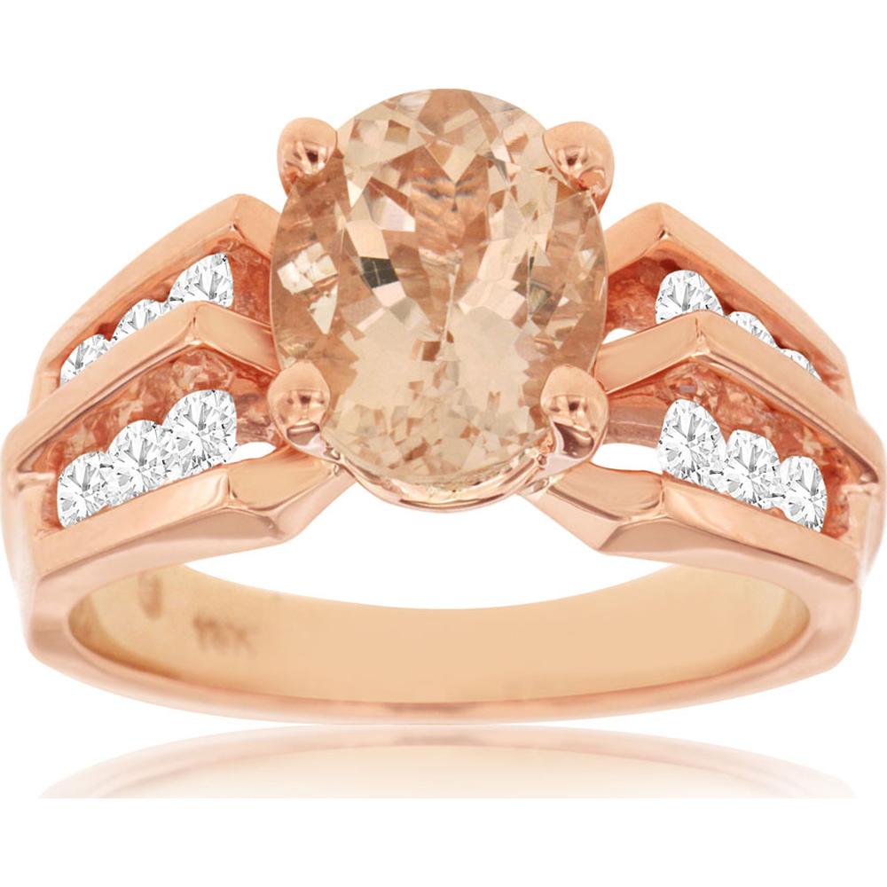 14K Rose Gold Morganite & Diamond Oval Ring - 2.60 Carats Morganite, 0.75 Carats Total Diamond Weight