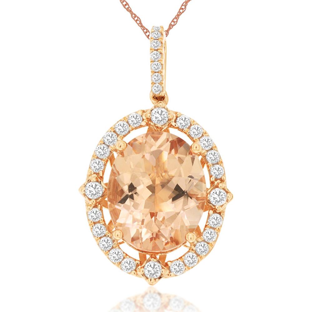 14K Rose Gold Morganite & Diamond Pendant - 4 Carat Morganite, 0.38 Carat Total Diamond Weight