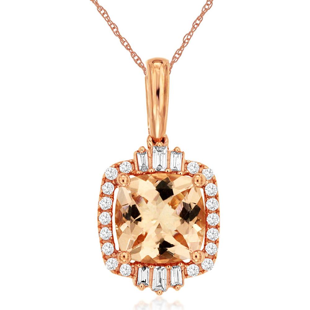 14K Rose Gold Morganite & Diamond Pendant Necklace with Cushion Cut Morganite - 2.18 Carats Total Gem Weight
