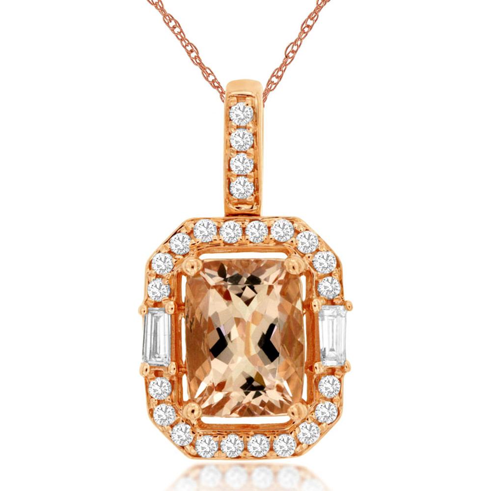 14K Rose Gold Morganite & Diamond Pendant with Emerald Cut Morganite - 1.67 Carats Total Gem Weight