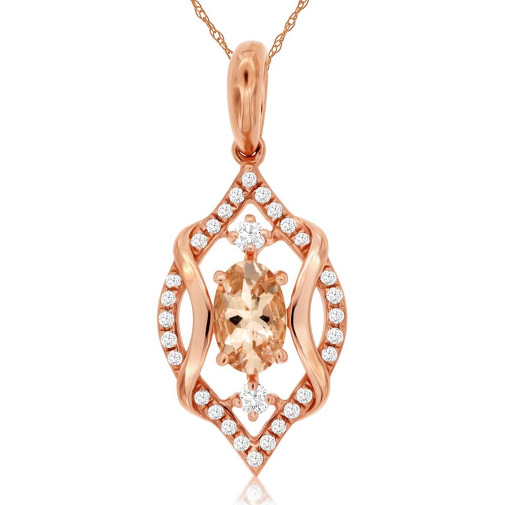 14K Rose Gold Morganite & Diamond Pendant with Oval-Shaped Morganite - 0.40 Carats Morganite, 0.12 Carats Total Diamond Weight